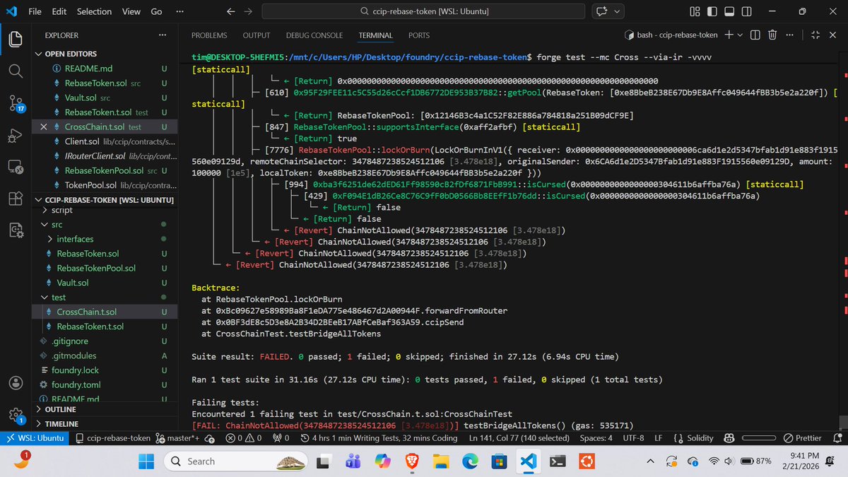 timsilva112's tweet image. It's another weekend to improve my knowledge.
finally solved the bug that drove me crazy for one week.
Todays #solidity grind: ccip contd
✅First #crosschain test
✅Wrote Vault deployment #Script
✅wrote Token And Pool deployer script
✅wrote pool config script
✅bridging script