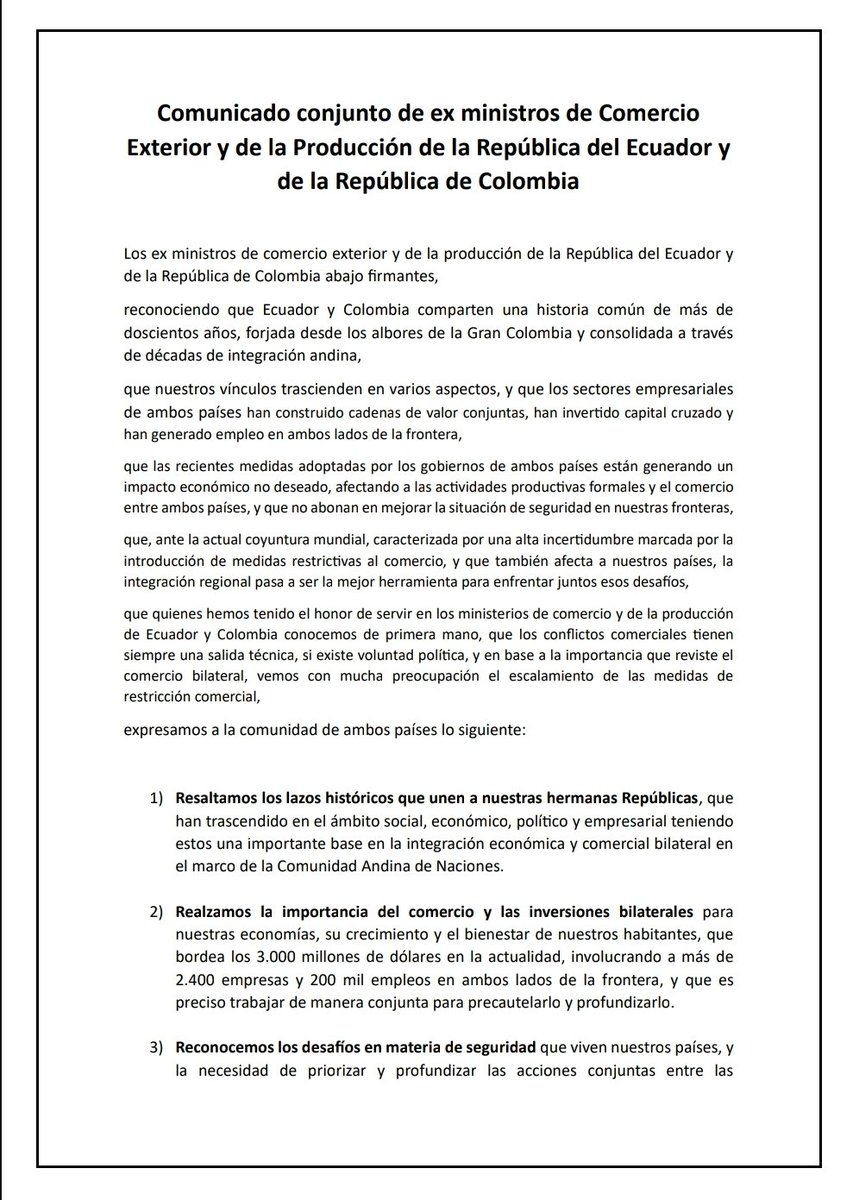 mclacouture's tweet image. Los ex ministros de Comercio, Industria y Turismo de #Colombia y @Ecuador nos unimos para hacer un llamado urgente al diálogo, la integración y la sensatez. 

El comercio bilateral, que sostiene miles de #empresas y #empleos, debe protegerse y fortalecerse, no restringirse. Las