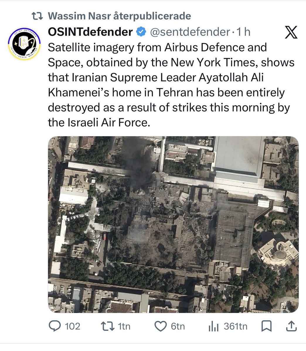 MagnusRanstorp's tweet photo. Israel har visuella bevis som visar Khameneis kropp; premiärminister Netanyahu har redan sett dem.

Den iranske ledarens kropp uppges ha varit full av hål; den hittades i rasmassorna i hans bunker efter en massiv israelisk attack. https://t.co/mWtUT1idJY