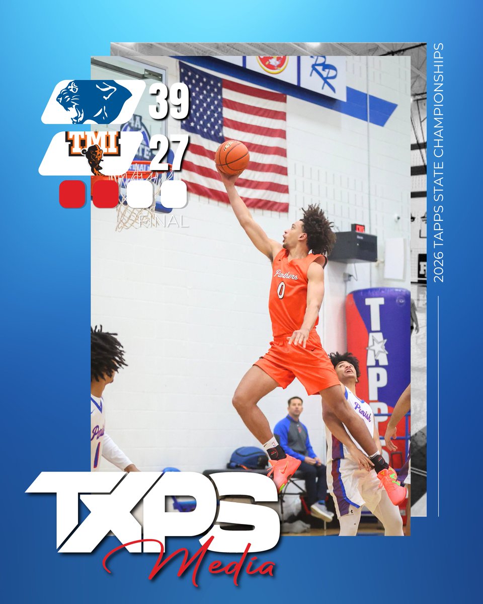 TXPSMedia's tweet photo. 🔘🔘⚪️⚪️

TAPPS 6A State Championship:
@ParishPantherBB: 39
@TMIEpiscopal: 27

'26 Parish Episcopal F Hudson Lucas leads the way with 15
'26 TMI Episcopal G Jaden Flemons leads the Panthers with 12
’26 Parish Episcopal G Armon Almuttar with 11
’26 TMI Episcopal F Elijah Williams has 6

#txhsbb | @TXPSbasketball