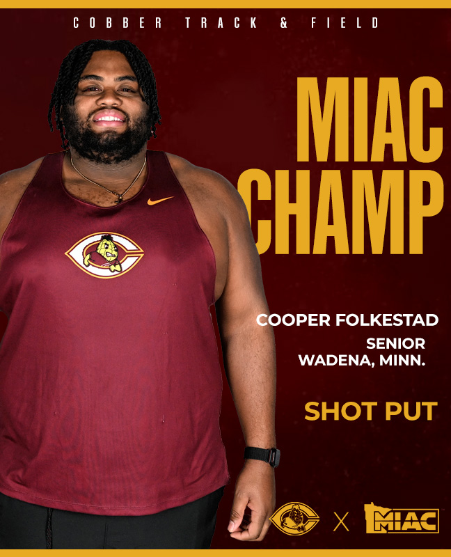CobberSID's tweet image. 𝗠𝗜𝗔𝗖 𝗖𝗛𝗔𝗠𝗣𝗜𝗢𝗡!
The Man Is In The House! 
Cooper Folkestad wins the shot put &amp;amp; posts a MIAC Championship Meet record in the process!
#RollCobbs🌽 #HesGood