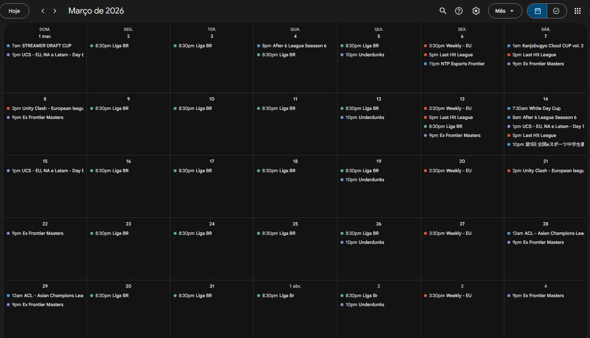 Calendário campeonatos esperados pokemon unite Março 2026. As informações estão no horário de Brasília (UTC-3). 
Não tenho informações sobre campeonatos Indianos ou da APAC.
Weekly e Underdunks são semanais e não foram confirmados.
🟦 = 🇯🇵
🟪 = 🇺🇸
🟥 = 🇪🇺
🟩 = 🇧🇷🇵🇪🇲🇽🇨🇱