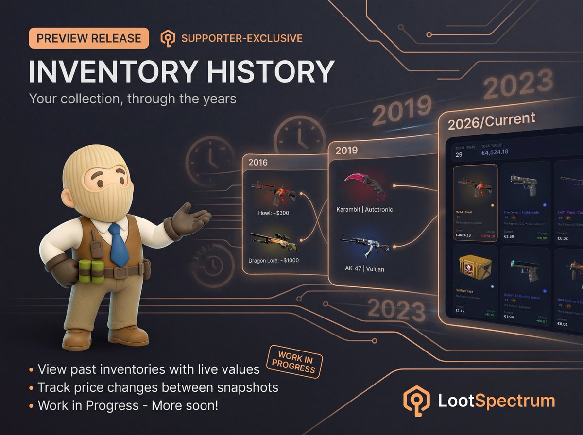 lootspectrum's tweet photo. 🥳 Preview Release:
Inventory History
Wondered, what your inventory looked like pre-covid? Or in 2015? 

Lootspectrum is now capable of digesting the whole inventory history, and thus calculating your inventory at any given date

This preview is now live for supporters.