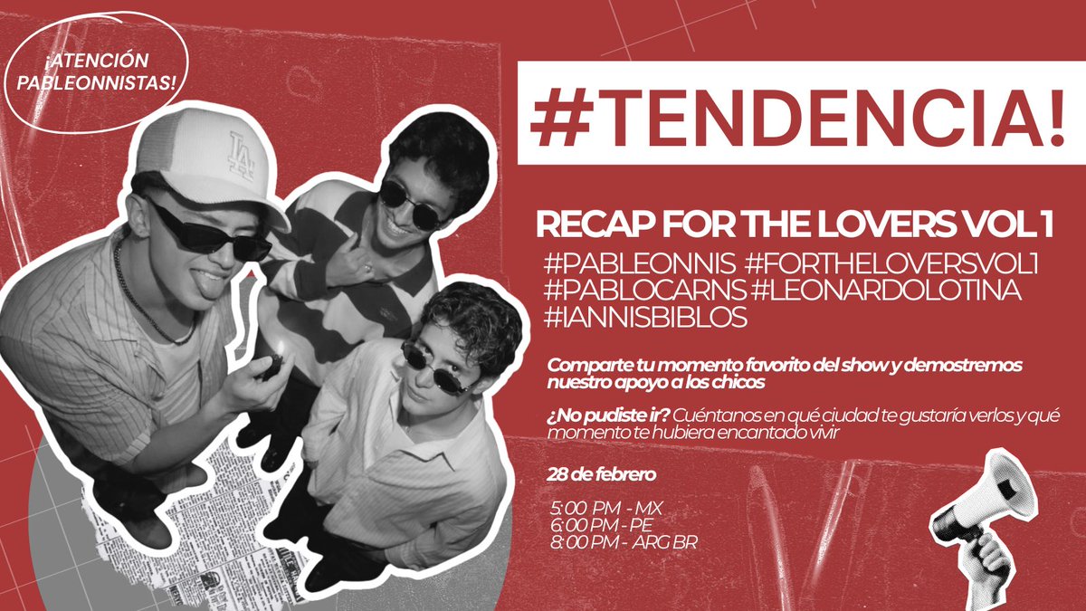 pablocarnsmx's tweet photo. 📢 | Queremos revivir lo que se vivió hace una semana en #ForTheLoversVol1, recordar cada emoción, cada canción y cada momento que nos hizo vibrar. ❤️

Hoy nos unimos para demostrar nuestro apoyo a los chicos y compartir nuestros momentos favoritos de este show tan especial. 🐈‍⬛🦁🌞

Y también invitamos a quienes no pudieron asistir a compartir en qué ciudad o país les gustaría que los chicos se presentaran, y qué momento fue su favorito del evento (o el que más les hubiera gustado vivir) 💭🖤

🇲🇽 5 pm MX
🇵🇪 6 pm PE
🇦🇷🇧🇷 8 pm ARG BR

RECAP FOR THE LOVERS VOL 1
#PABLEONNIS #FORTHELOVERSVOL1 #PABLOCARNS #LEONARDOLOTINA #IANNISBIBLOS