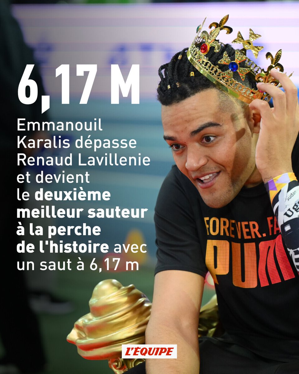 lequipe's tweet photo. Le Grec Emmanouil Karalis a marqué l'histoire de la perche en effaçant une barre à 6,17 mètres. Grâce à cette meilleure performance mondiale du début d'année 2026, il devance désormais Sergueï Bubka et Renaud Lavillenie.
➡️ https://t.co/6VsxxhtH6J https://t.co/fZLNZYMiNQ