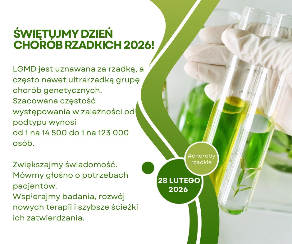 lgmd_pl's tweet photo. Świętujmy Dzień Chorób Rzadkich 2026!

28 LUTEGO 2026 

LGMD jest uznawana za rzadką, a często nawet ultrarzadką grupę chorób genetycznych.
Szacowana częstość występowania w zależności od podtypu wynosi 
od 1 na 14 500 do 1 na 123 000 osób.

Zwiększajmy świadomość. 
Mówmy głośno o potrzebach pacjentów. 
Wspierajmy badania, rozwój nowych terapii i szybsze ścieżki ich zatwierdzania.

#chorobyrzadkie #lgmd