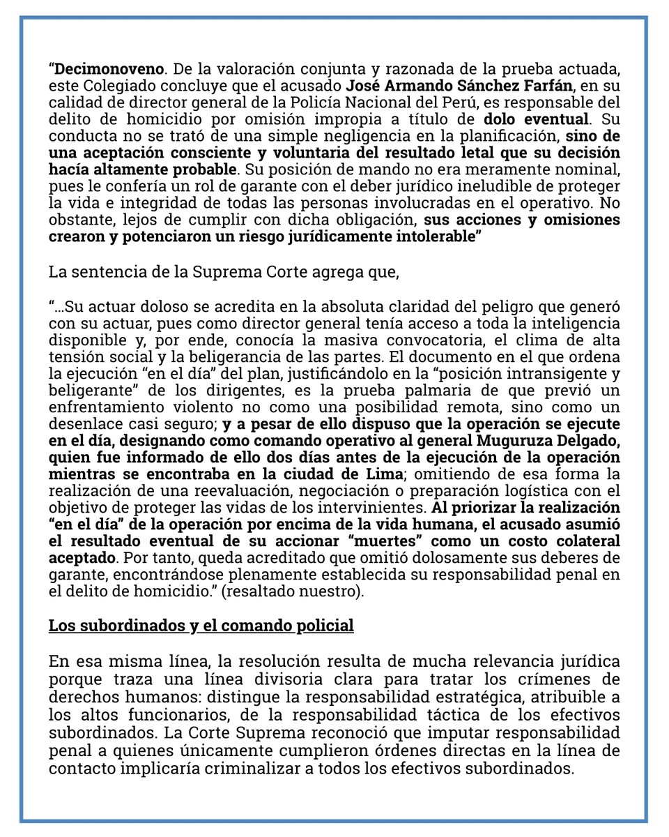 🚨 HISTÓRICO | La Corte Suprema establece que altos jefes policiales son responsables penales por las muertes en el Baguazo por quebrantar sus "deberes de garante". No fue negligencia, fue aceptar conscientemente un resultado letal. Un precedente clave para el país. 🧵👇