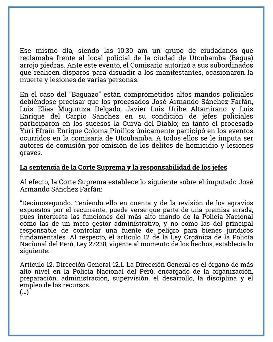 IdlArealegal's tweet photo. 🚨 HISTÓRICO | La Corte Suprema establece que altos jefes policiales son responsables penales por las muertes en el Baguazo por quebrantar sus "deberes de garante". No fue negligencia, fue aceptar conscientemente un resultado letal. Un precedente clave para el país. 🧵👇 https://t.co/2Sd9K69n01