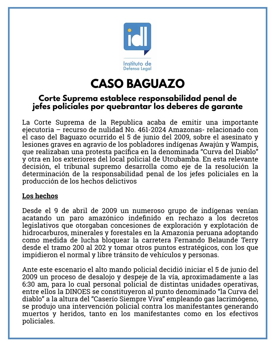 IdlArealegal's tweet photo. 🚨 HISTÓRICO | La Corte Suprema establece que altos jefes policiales son responsables penales por las muertes en el Baguazo por quebrantar sus "deberes de garante". No fue negligencia, fue aceptar conscientemente un resultado letal. Un precedente clave para el país. 🧵👇 https://t.co/2Sd9K69n01