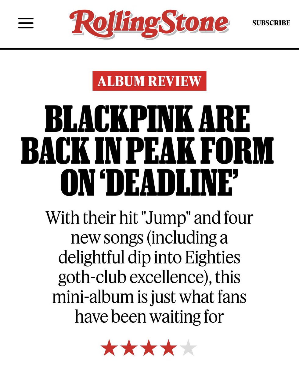 blinksunitedtwt's tweet photo. Rolling Stone rated @BLACKPINK’s
“DEADLINE” 4 out of 5 stars!

“But let’s face it — the world has been fiending for more of the magic that BLACKPINK can only make when they put their four heads together...”

“The BLACKPINK ladies are in the mood to stunt, always what they’re best at, oozing glam charisma. Their individual solo successes have obviously fired up their diva attitude — not that they’ve ever been needy in that department. On Deadline, BLACKPINK mix up the tough and the coquettish in their own unmistakable style.”
