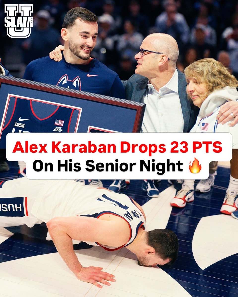 slam_university's tweet image. 2x National Champion Alex Karaban just dropped 23 points to lead #6 UConn past Seton Hall on his senior night 🔥