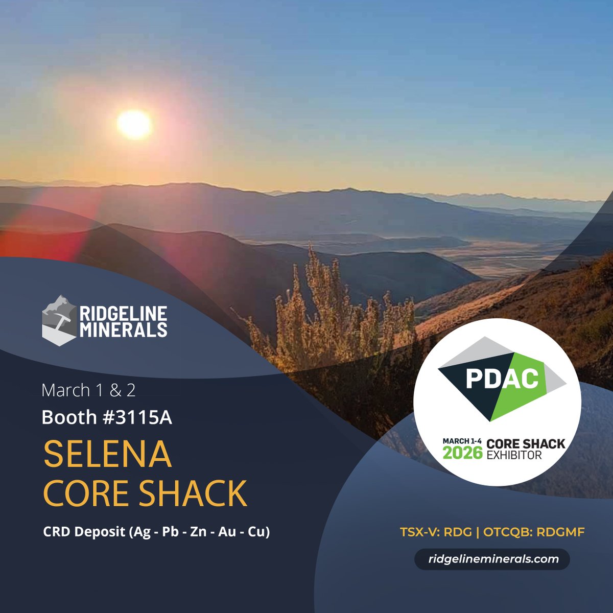 RidgelineNV's tweet photo. Catch the Ridgeline Geology team @ChadPeters_NV @RockhoundMTH3 and @GabrielAliaga10 at the Selena core shack Booth 3115A March 1 & 2 #PDAC2026
#Silver #Gold #Lead #Zinc $RDGMF $RDG #0GC0 https://t.co/xQIOgQ4cv0