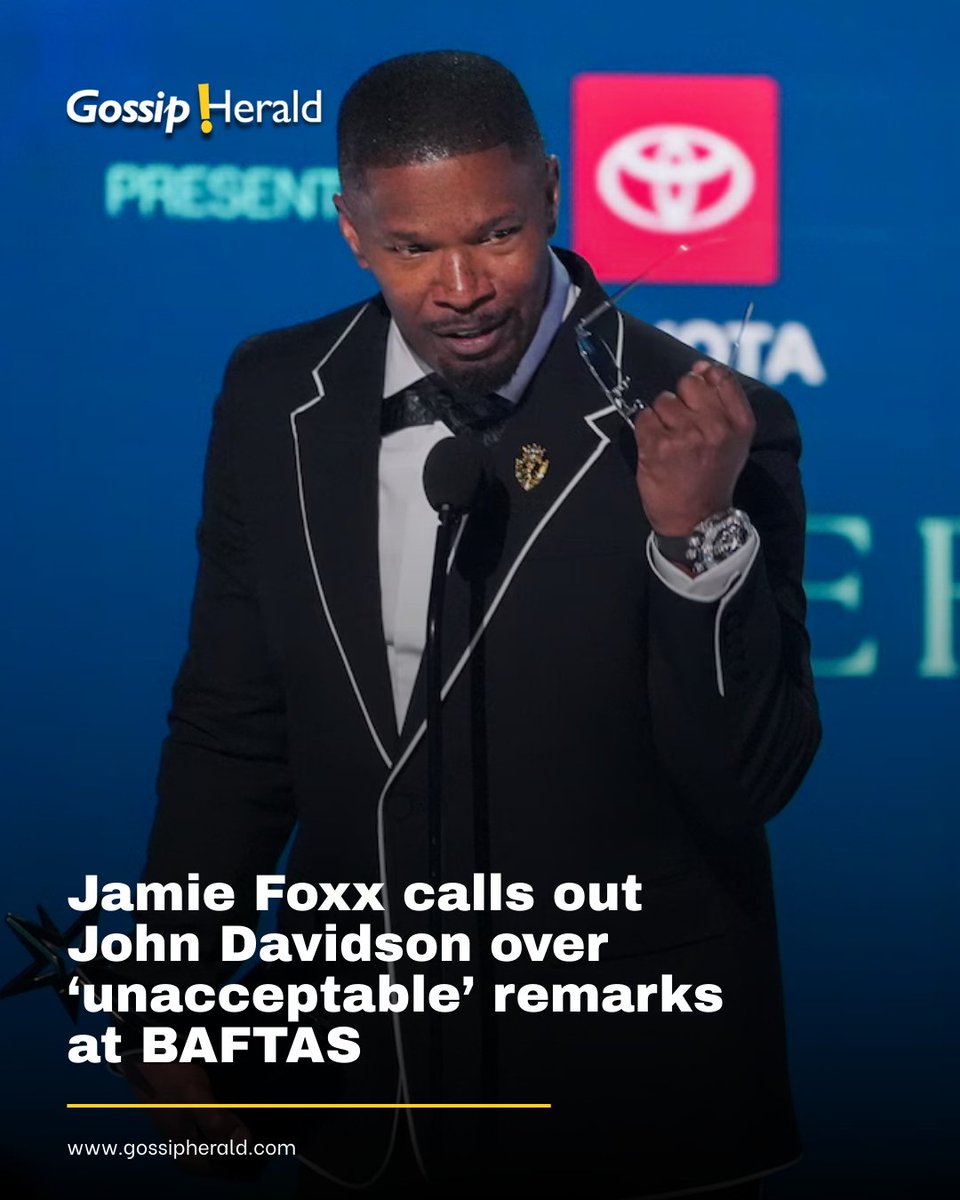 Gossip_Herald's tweet image. Jamie Foxx has condemned remarks made by tourette’s activist John Davidson at the British Academy Film Awards, calling the alleged racial outburst “unacceptable” and urging accountability.

#EntertainmentUpdate #MusicNews #PopCulture #TrendingNow #gossipherald