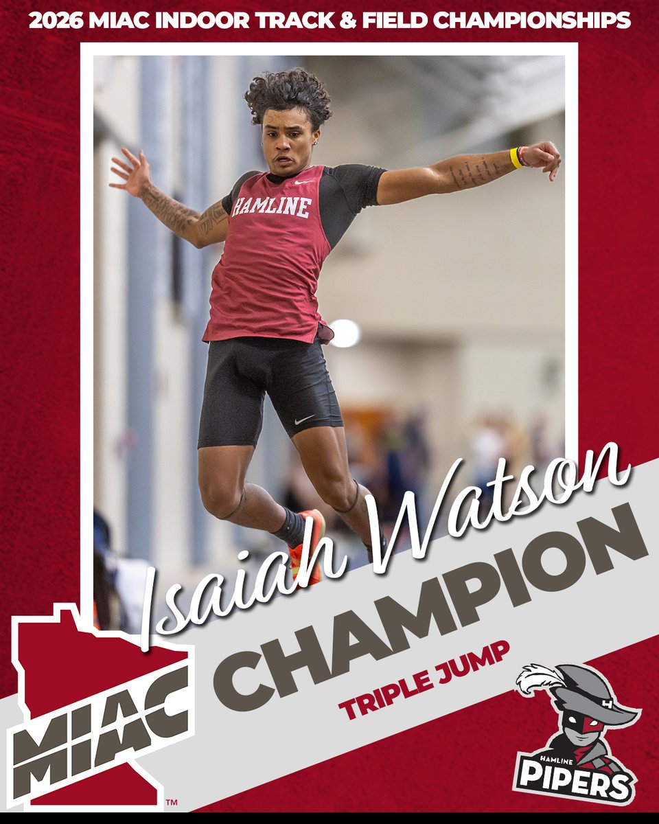 HUPipers's tweet photo. 🏆 MIAC CHAMPION 🏆

Isaiah Watson is the MIAC CHAMPION for the triple jump with a final jump of 14.44 meter, his second best career jump! 

CONGRATS ISAIAH! 🎉

#GoHU #PipeItUp https://t.co/zVe5mJJqje