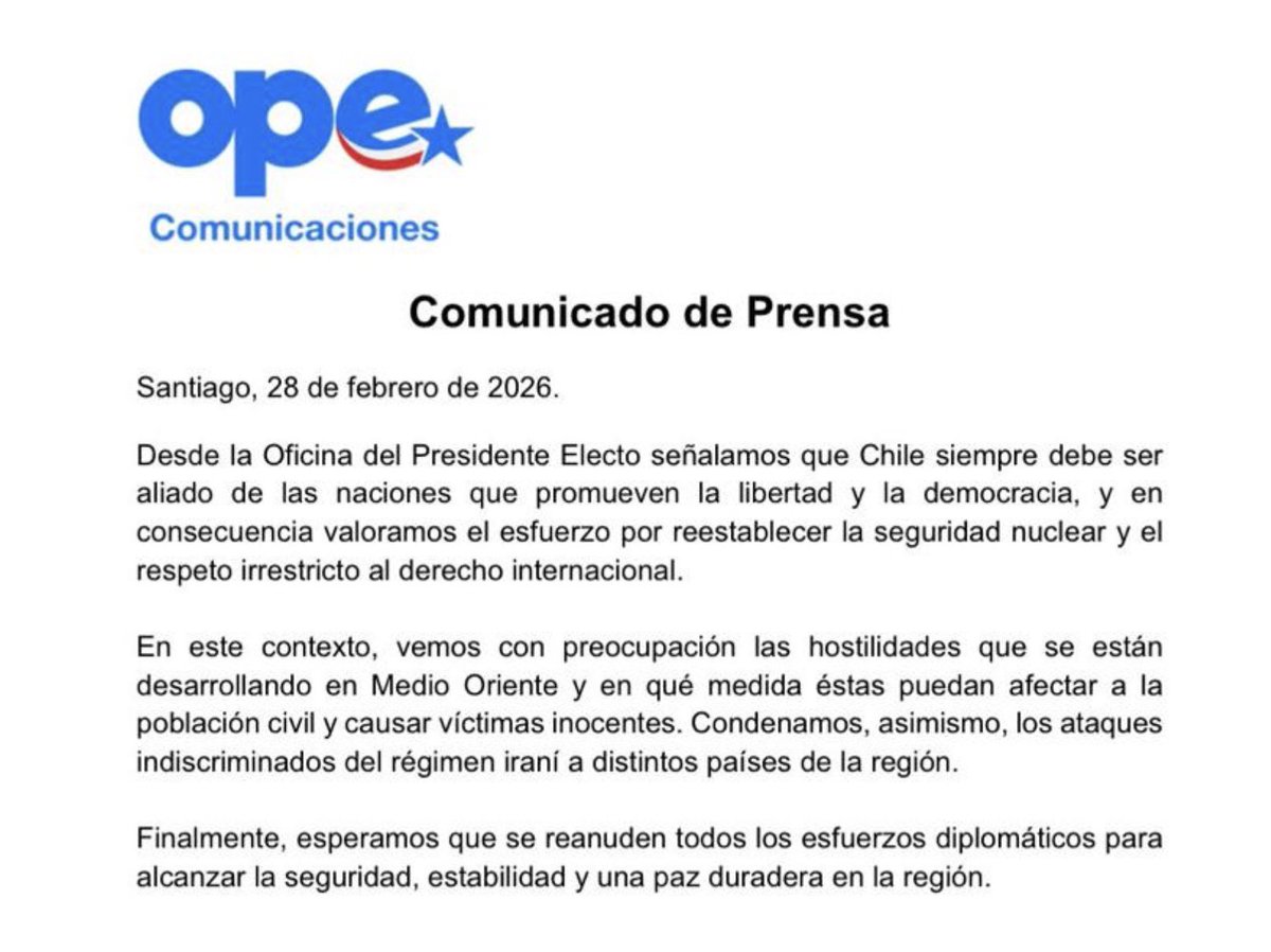 Qué vergonzoso comunicado. 

Dónde están los asesores? Dónde están los principios y normas del Derecho Internacional?
Dónde el interés nacional de Chile?

Este comunicado parece redactado leyendo noticias falsas sin ver informes de la OIEA ni la Carta de la ONU

Pésimo debut OPE