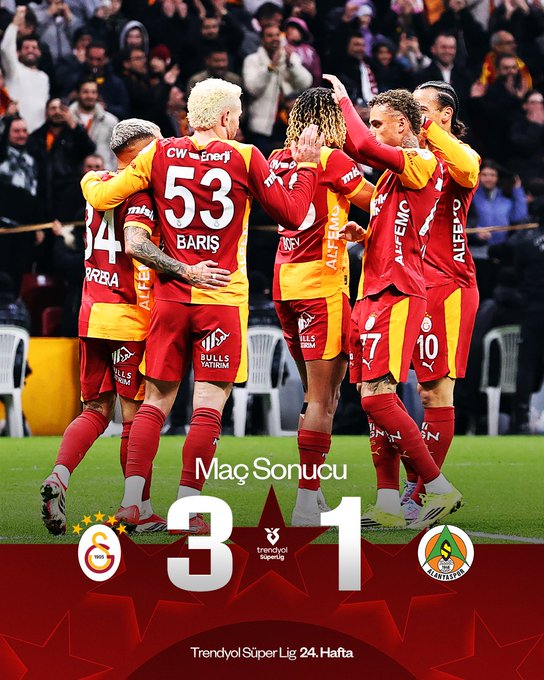 gscanlisk's tweet photo. RAMS Park’ta 3 puanı 3 golle alıyoruz! 💪

Maç sonucu: Galatasaray 3-1 C. Alanyaspor 👏

#GSvALN https://t.co/7CVpS9IZBs