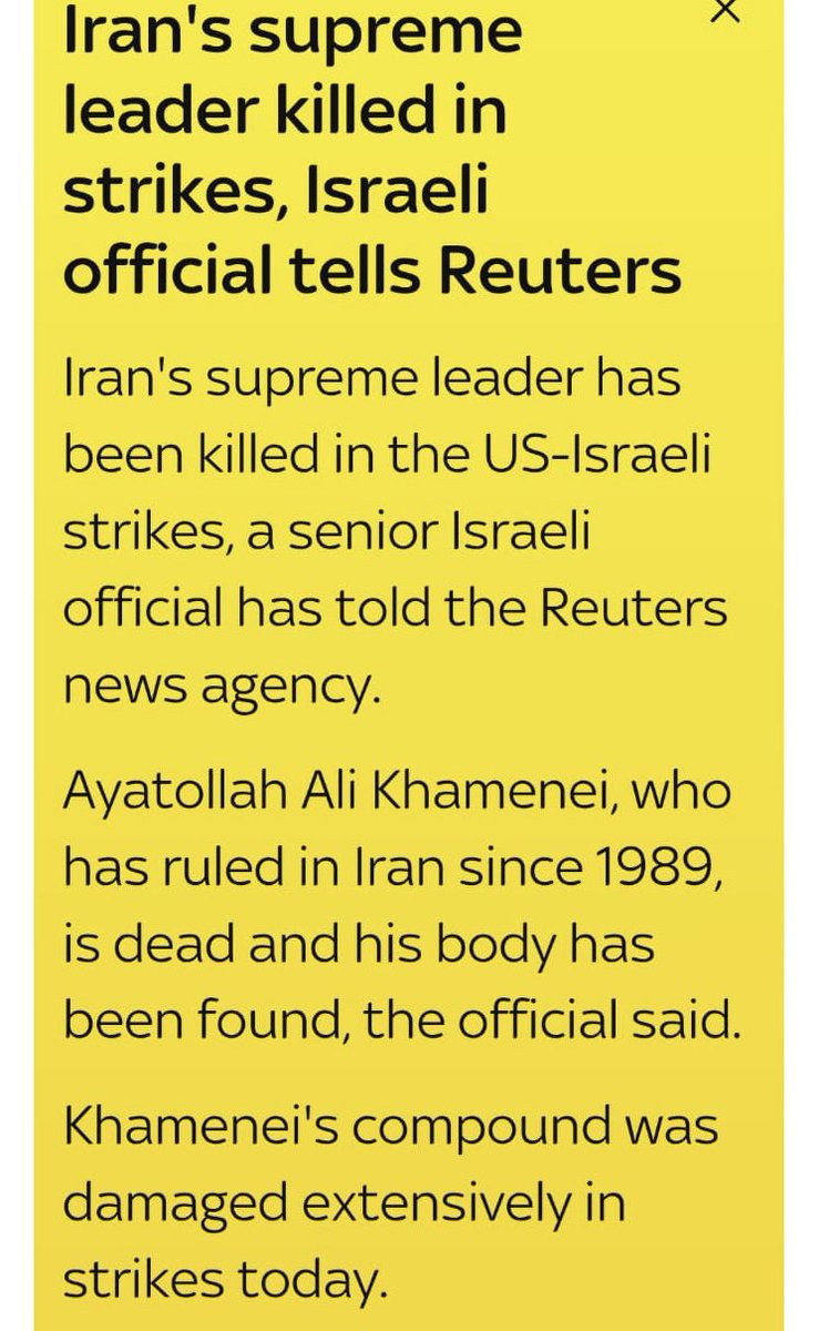 MurtazaViews's tweet photo. ‼️ BREAKING NEWS ‼️ 
Iran’s Supreme leader Ayatollah Ali Khamenei was martyred by U.S./Israeli air strikes, reports say. Both Israel and the US confirming but Iran govt denies. Massive moment in Middle East history.

“I’m not in a position to confirm either Supreme Leadership of Iran is still alive,” says Iranian Foreign Ministry Spokesman.