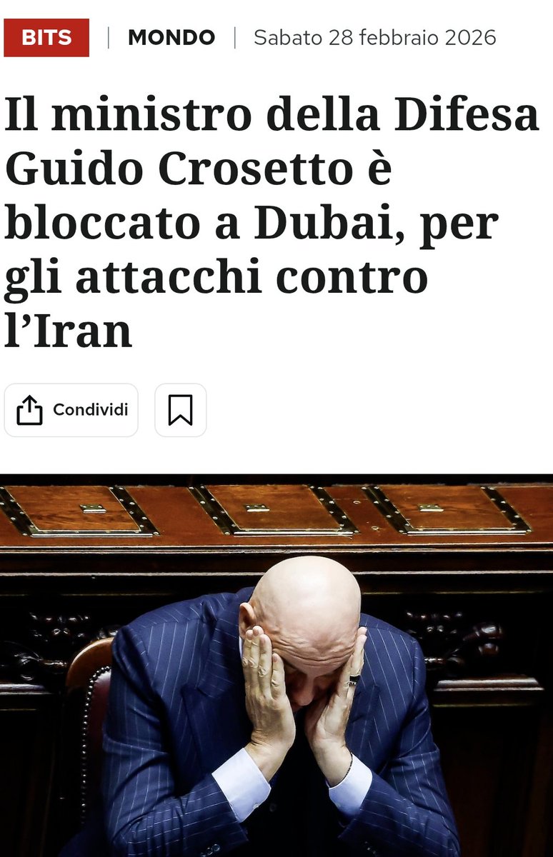 Cioè il nostro Ministro della difesa #Crosetto è rimasto bloccato a #Dubai ? #Trump non lo ha avvisato che stavano per attaccare l' #Iran ?