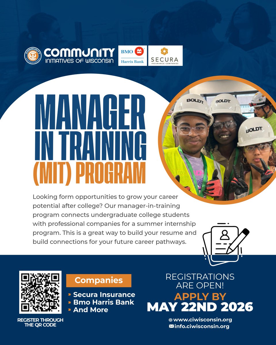 pointtersci's tweet photo. Manager In Training (MIT) Program 2026 Is Here Again!

We are excited to announce that the Manager In Training (MIT) Program 2026 is now open for applications!

This year, leading partners including BMO Bank and SECURA, among others, will be supporting our high school and college students through this life-changing opportunity.

This is a serious opportunity for students who are ready to step into the business world and gain real, hands-on experience.

Participants will complete a full professional rotation across key departments, including:
• Finance
• IT
• Purchasing
• Marketing
• Claims
• Product Development
Students will gain practical exposure, mentorship, and workplace readiness skills that prepare them for future careers and leadership.
If you are a high school or college student who is motivated, career-focused, and ready to learn, this program is for you.
🗓 Application Deadline: March 2, 2026
Apply early and take the first step toward your professional future!