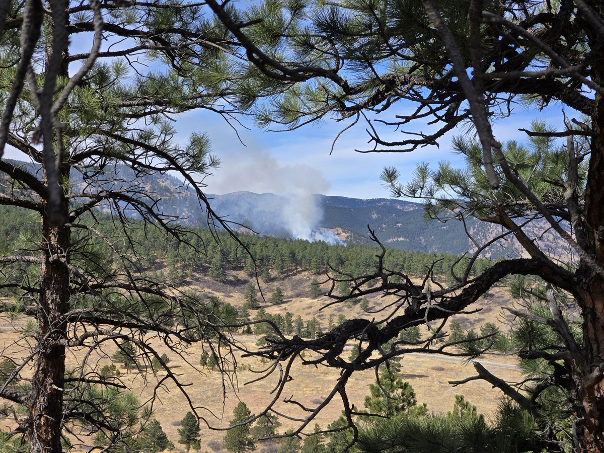Weather_West's tweet image. #BlueBellFire in #Boulder, CO (near  Chautauqua Park) currently burning amid extremely dry and near record-warm conditions (69F and 7% RH).  Lack of strong winds right now thankfully a major mitigating factor. So far, mostly sfc fire plus occasional torching in confers. #COwx