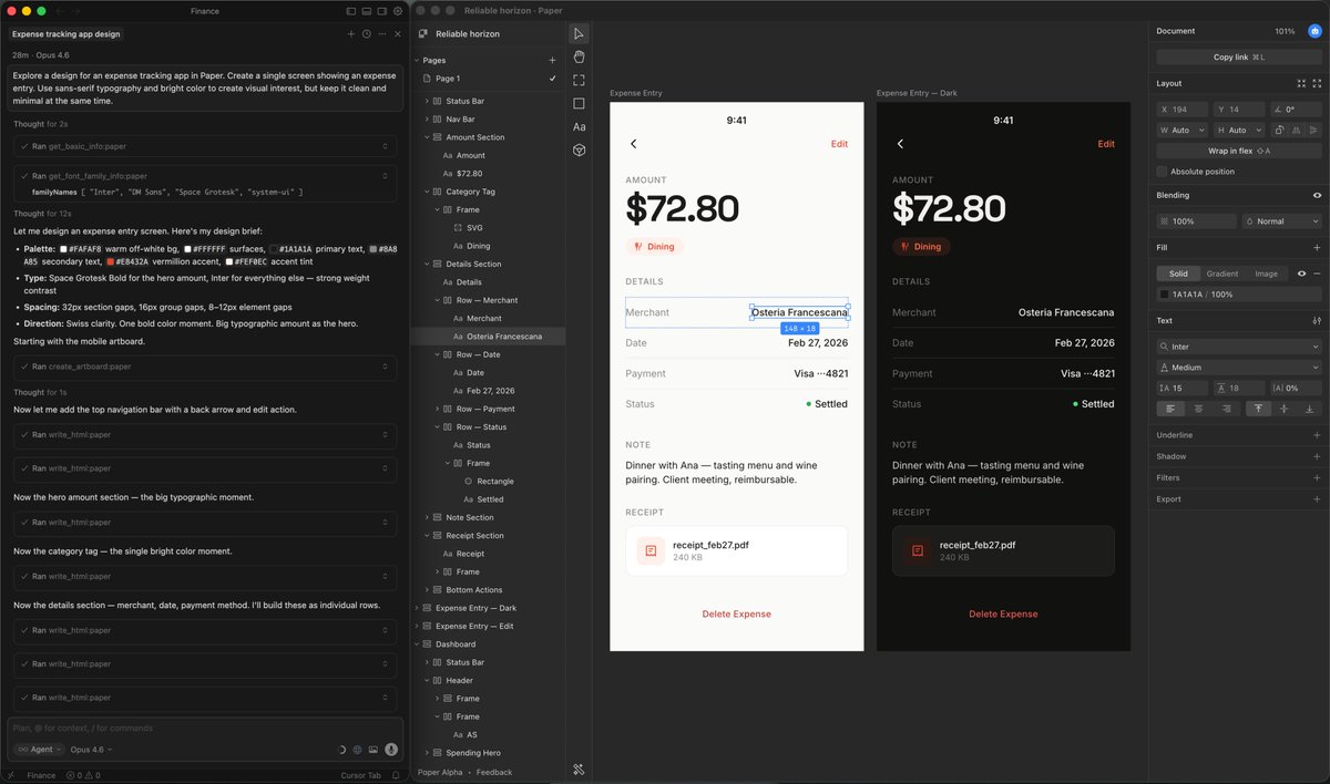 Bob__one's tweet photo. Just tested @paper 🔥 it's an absolute banger !
Setup was insanely simple: mainly 3 clicks, a MCP to setup, then you can start prompting.
I kicked off with a sample expense tracking dashboard. Check the prompt 👇 https://t.co/Xvu9aPcXZ1