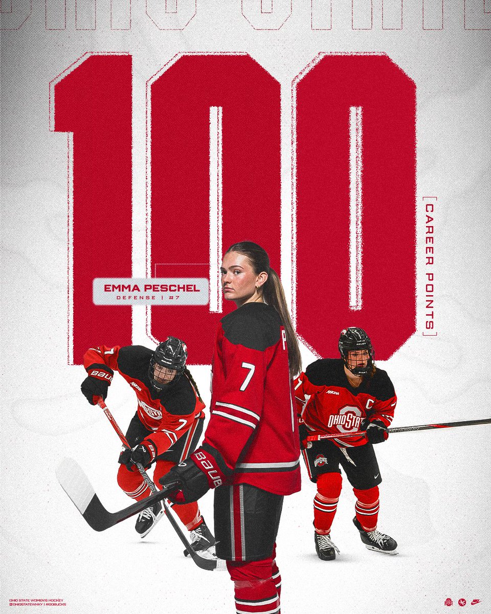 OhioStateWHKY's tweet photo. 💯 career points for Peschel! 

With an assist on the first goal, Emma Peschel becomes the 22nd player in program history to record 100 points in her Buckeye career 👏

#GoBucks https://t.co/ewc8N7XjKU