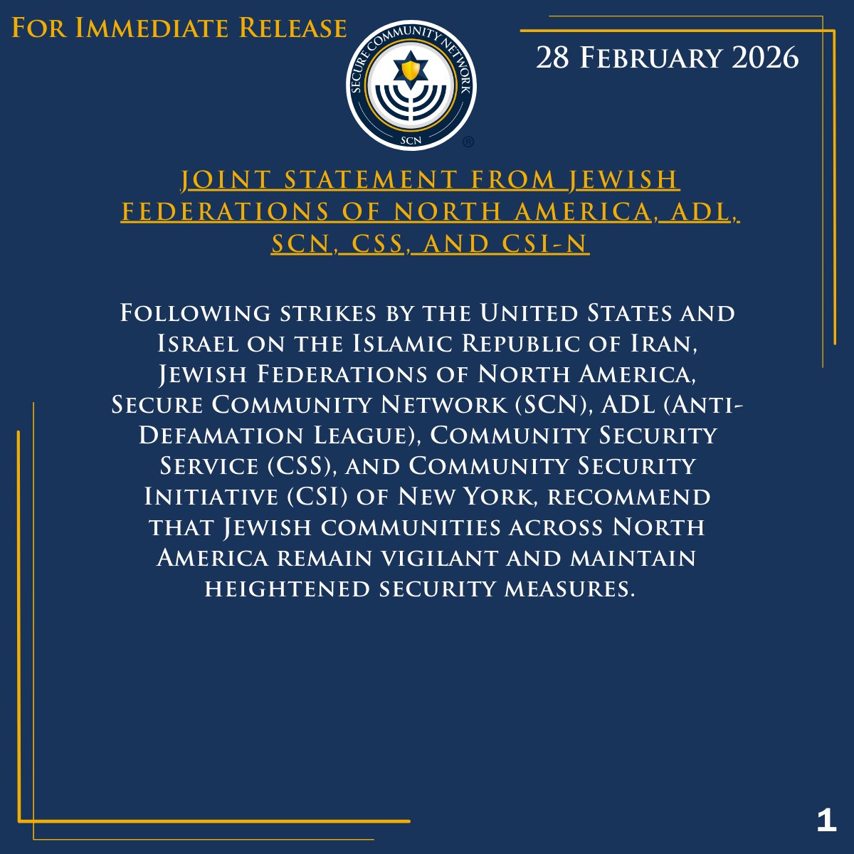 Official_SCN's tweet photo. 1/4
@Official_SCN , @JFederations , @ADL , @TheCSSorg , and Community Security Initiative (CSI) of New York, recommend that Jewish communities across North America remain vigilant and maintain heightened security measures:

https://t.co/6wQcqym3hw https://t.co/AM4ADl1ASl