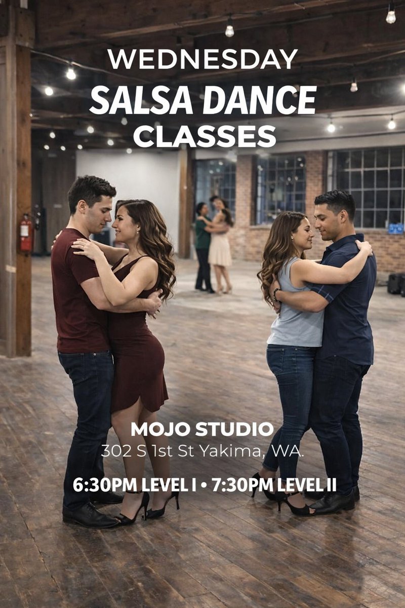 New 4-Wk Beginner Salsa Classes begin next Wednesday!

Dates: March 4, 11, 18, 25
Time: 6:30pm
Location: Mojo Studio
302 S 1st St, Yakima, WA

mymojostudio.com

Our 4-Week Beginner Salsa Series is designed for true beginners—zero pressure, all fun.

#Salsa #Dance #Classes
