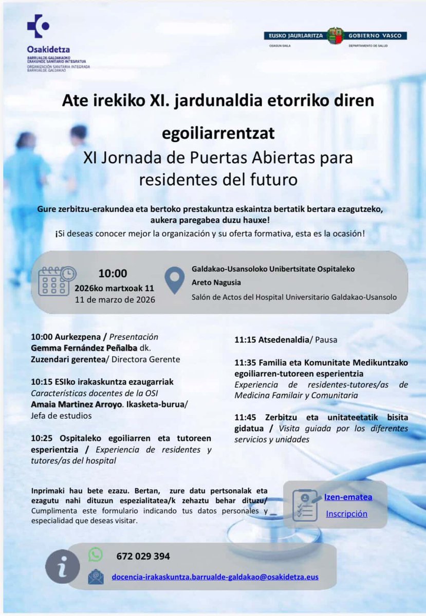 Jornada de puertas abiertas de UDM SALUD MENTAL DEL H. GALDAKAO-USANSOLO el 11 de marzo de 2026.
Gracias al Hospital y los Residentes por la amabilidad y generosidad para con los futuros Resis.

#PIRPlazas2026
#SoleboPIRPlazas