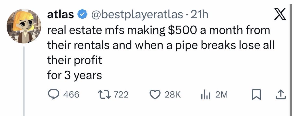jonbrooks's tweet photo. I sold all my real estate investments in 2022–2023.

Best decision I’ve made in years.

The capital now earns significantly more — with less stress, less overhead, and zero midnight repair calls.

Here’s what nobody tells you:

Most investors quote gross numbers.
Rent collected.
Units owned.
Portfolio size.

They don’t show:
• Net after expenses
• Net after capex
• Net after vacancy
• Net after leverage risk
• Net after time

Gross is marketing. Net is reality.
