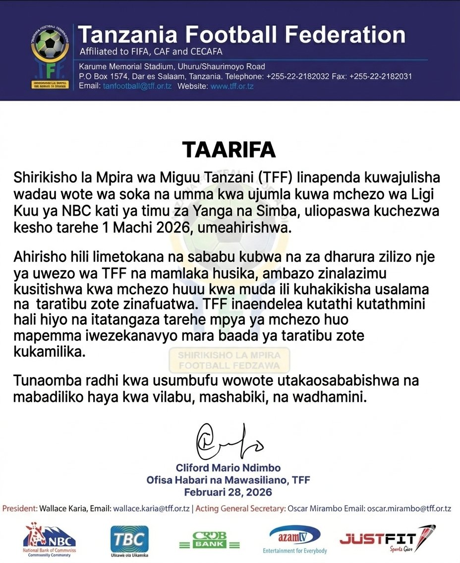 TAARIFA KUTOKA TFF MUDA HUU.