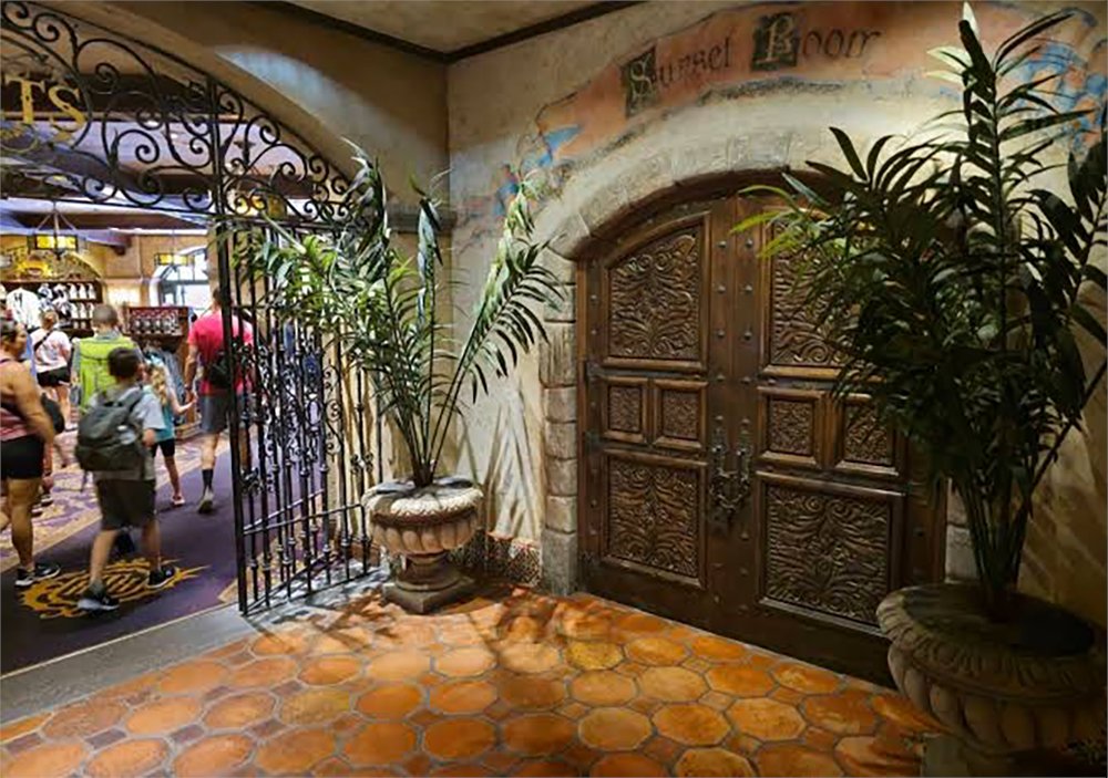 UncleWalt1971's tweet photo. You’ve probably walked past The Sunset Room without knowing it every time you got off the elevators and entered the exit corridor in the Tower of Terror at Disney’s Hollywood Studios. The doorway to the “restaurant” is right next to the Tower Gifts shop. 
The Sunset Room is a non-functional doorway (the doors open to a backstage area) that is themed as a once-glamorous restaurant within the Hollywood Tower Hotel, complete with a posted menu of daily specials dated October 31, 1939…the night of the hotel’s infamous lightning strike and disappearance of the guests. On that fateful Halloween evening, the Sunset Room was the elegant venue for the hotel's annual Halloween Ball, where attendees would have mingled while enjoying live performances from the Tip Top Club orchestra on the upper floors. 
On the menu you’ll see tribues to key writers from "The Twilight Zone" series, including "Whitefish Matheson,” referencing Richard Matheson, who penned episodes like "Nightmare at 20,000 Feet.”  "Polonaise Beaumont" pays respect to Charles Beaumont, a prolific Twilight Zone contributor responsible for stories like "Perchance to Dream" and "The Howling Man." The dessert "Gateau du Chocolate au Rodman" cleverly references series creator Rod Serling himself, with "Rodman" referencing his first name "Rod.” #TowerofTerror #DisneyFacts
