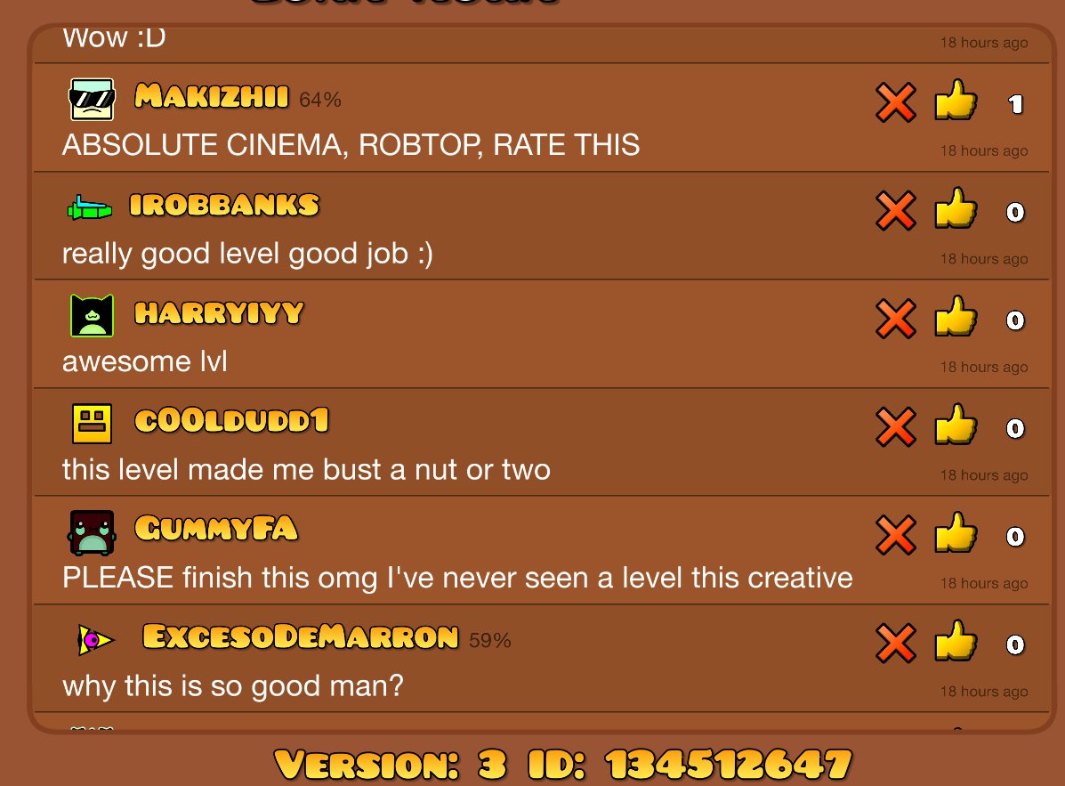 EvanWys's tweet photo. Hi, i'm trying to get my level Luna Aura rated.
134512647 is the id

42 hours on create time.
#GeometryDash #robtop @RobTopGames https://t.co/2xv6KfyjDb