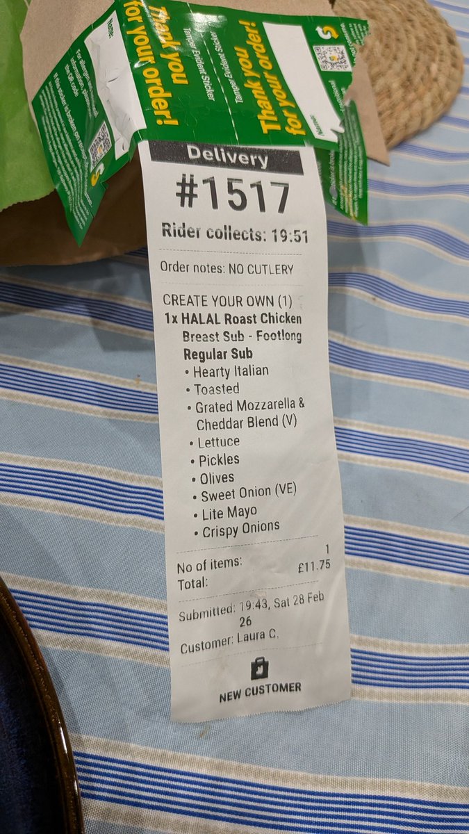 lauradeborah's tweet photo. @@SUBWAY can you explain why I ordered a chicken breast sub, yet the receipt shows it’s HALAL. There was no mention of this when I ordered. I don’t eat Halal meat as I don’t believe animals should suffer unnecessarily. I am extremely unhappy as I now can't eat this. https://t.co/4xjvrMhYlg