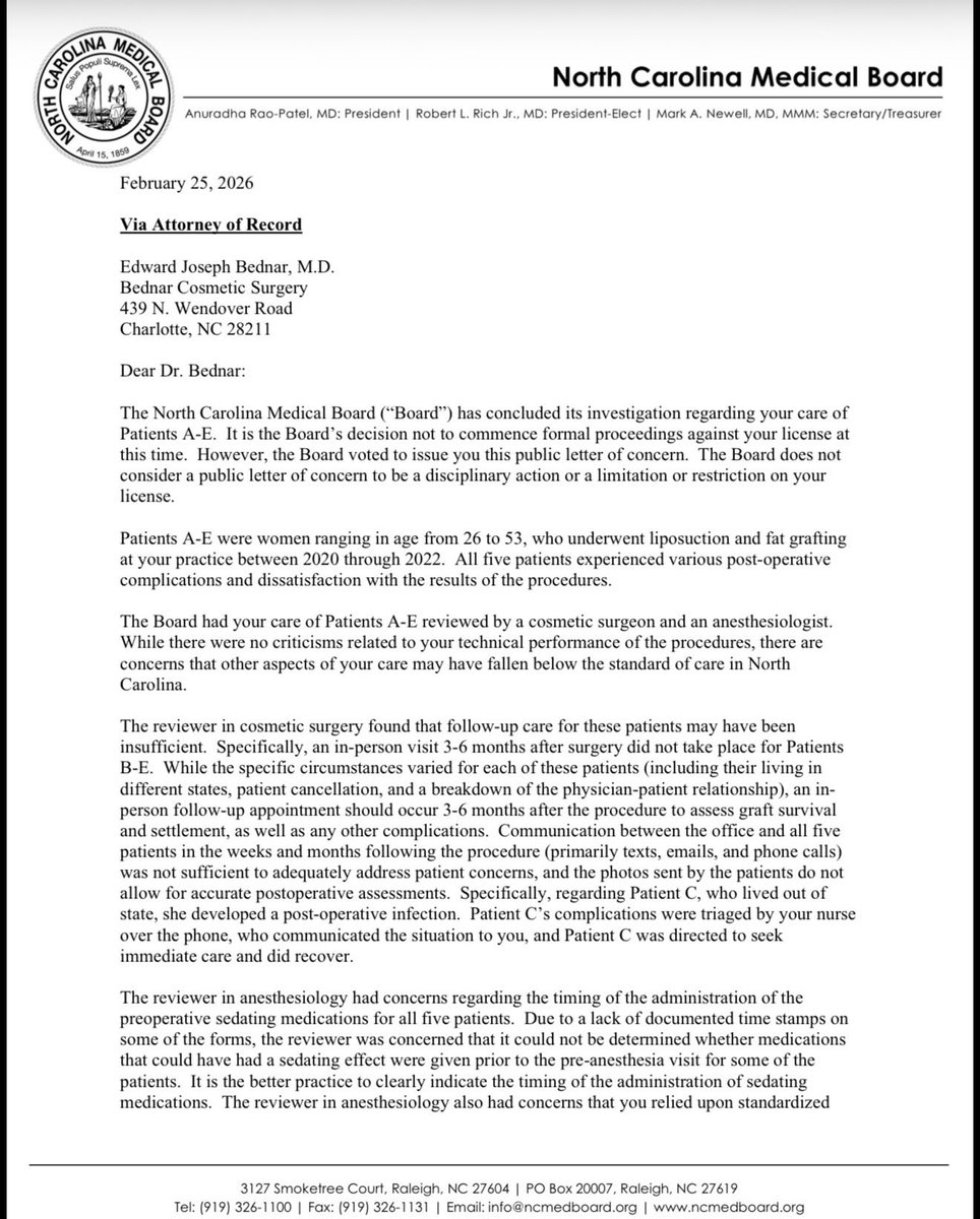 AskRobinBaldwin's tweet photo. North Carolina Medical Board issued Dr Edward Bednar a public letter of concern on February 25, 2026

https://t.co/opvvqusTFM https://t.co/QlCHHReFVu
