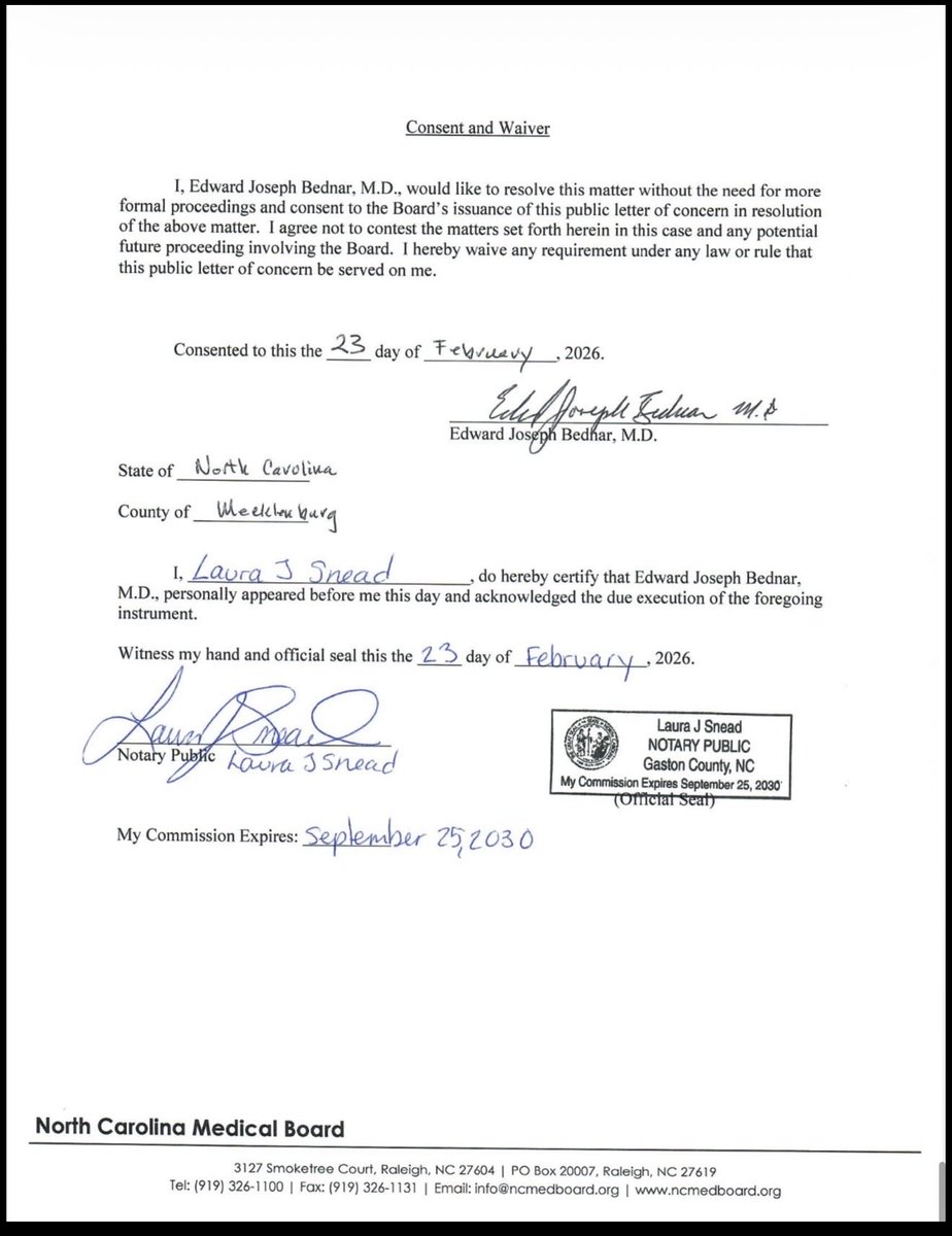 AskRobinBaldwin's tweet photo. North Carolina Medical Board issued Dr Edward Bednar a public letter of concern on February 25, 2026

https://t.co/opvvqusTFM https://t.co/QlCHHReFVu