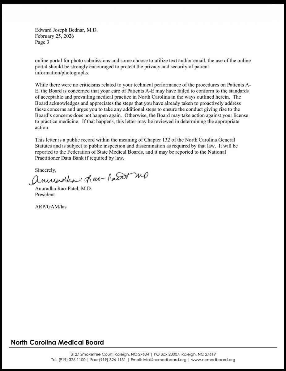 AskRobinBaldwin's tweet photo. North Carolina Medical Board issued Dr Edward Bednar a public letter of concern on February 25, 2026

https://t.co/opvvqusTFM https://t.co/QlCHHReFVu