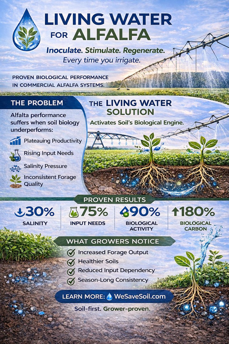 SoilPhix's tweet photo. Alfalfa plateauing? Rising inputs, salinity stress, inconsistent forage? 💧🌱

Living Water wakes your soil biology every irrigation → ↓30% salinity, ↓75% inputs, ↑180% bio carbon.
Healthier #soil, better outputs, less dependency. #alfalfa #agriculture #food #soilhealth https://t.co/y50S92EkEW