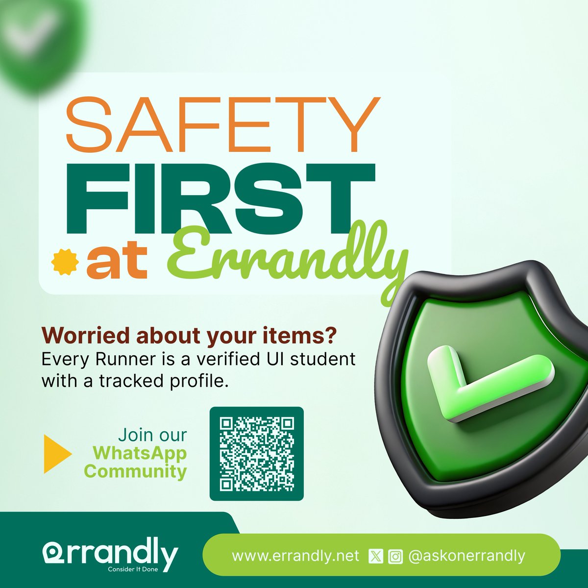 Safety First, Always! 

Worried about your items? All our Runners are verified students with tracked profiles.
Reliable. Secure. Fast.

Your peace of mind is our priority this semester. 

Sign up on Errandly.net/signup