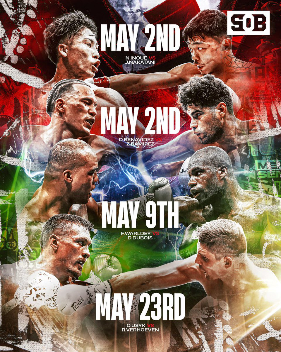 May is stacking up to be a HUGE boxing month 🥊🗓️

▫️Naoya Inoue vs Junto Nakatani 
▫️David Benavidez vs Zurdo Ramirez 
▫️Fabio Wardley vs Daniel Dubois
▫️Oleksandr Usyk vs Rico Verhoeven