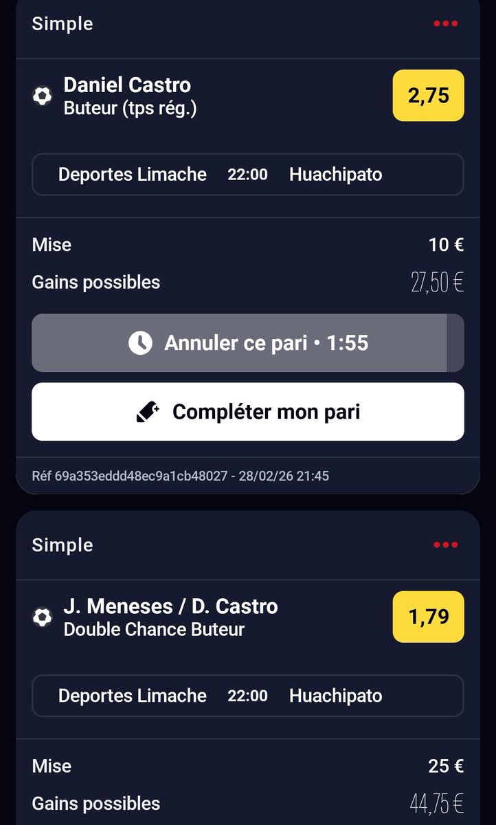 BET BUTEUR 🇨🇱 28/02 🗓️

DC BUTEUR 🎯 
<a href="/1/">1</a>.79
25€ ➡️ 44.75€
(Jean Meneses = Jean David)

🇨🇱 D. Castro <a href="/2/">A 2-loop</a>.75
10€ ➡️ 27.50€

Début 22h00 🕙
💚 Si tu soutiens 
#TeamParieur