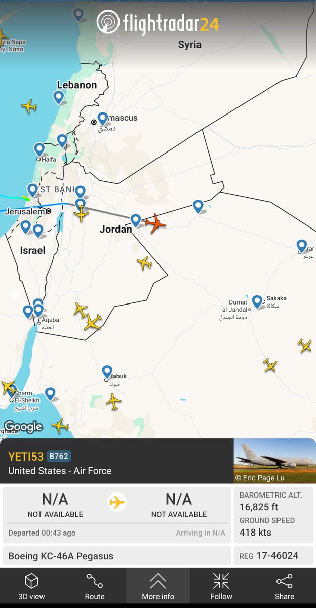 B762 refueling US Air Force aircraft took off from tel aviv. more strikes to come i guess <a href="/flightradar24/">Flightradar24</a>
