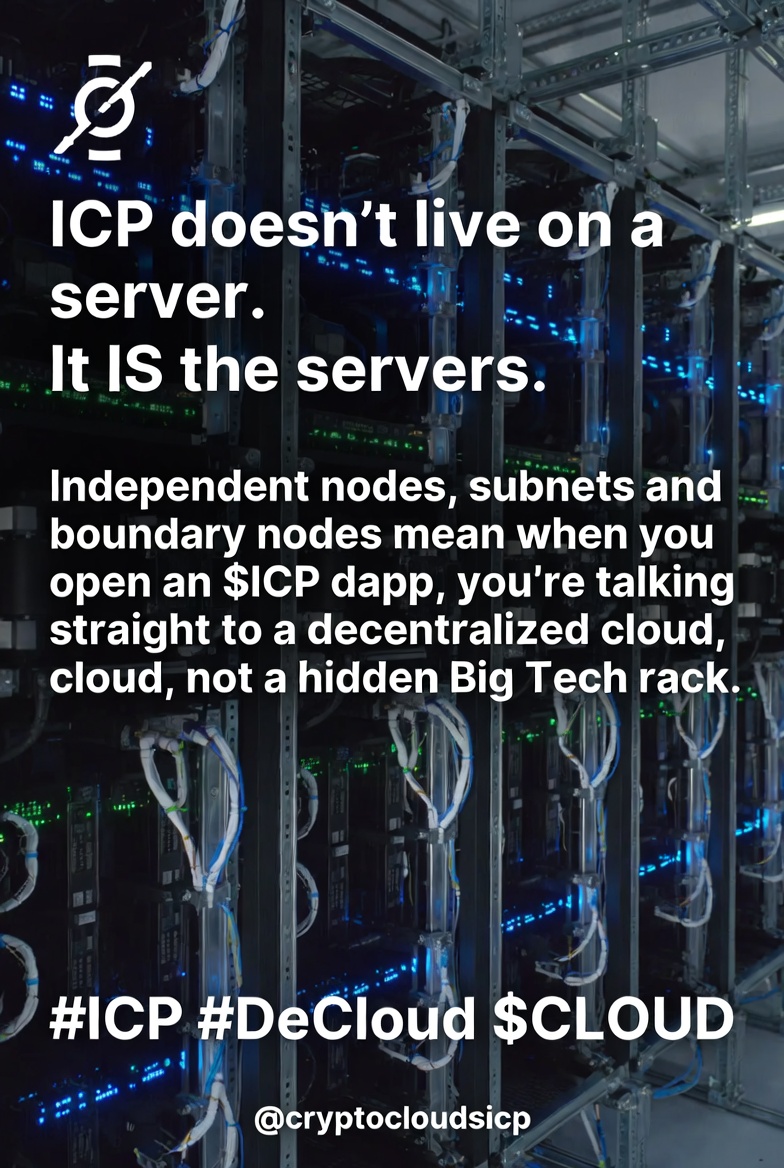 ThiaStardust's tweet photo. ICP doesn’t live on a server. It IS the servers.
Independent nodes, subnets and boundary nodes mean when you open an $ICP dapp, you’re talking straight to a decentralized cloud, not a hidden Big Tech rack.

#ICP #DeCloud $CLOUD @cryptocloudsicp https://t.co/6d0k2DLfDS