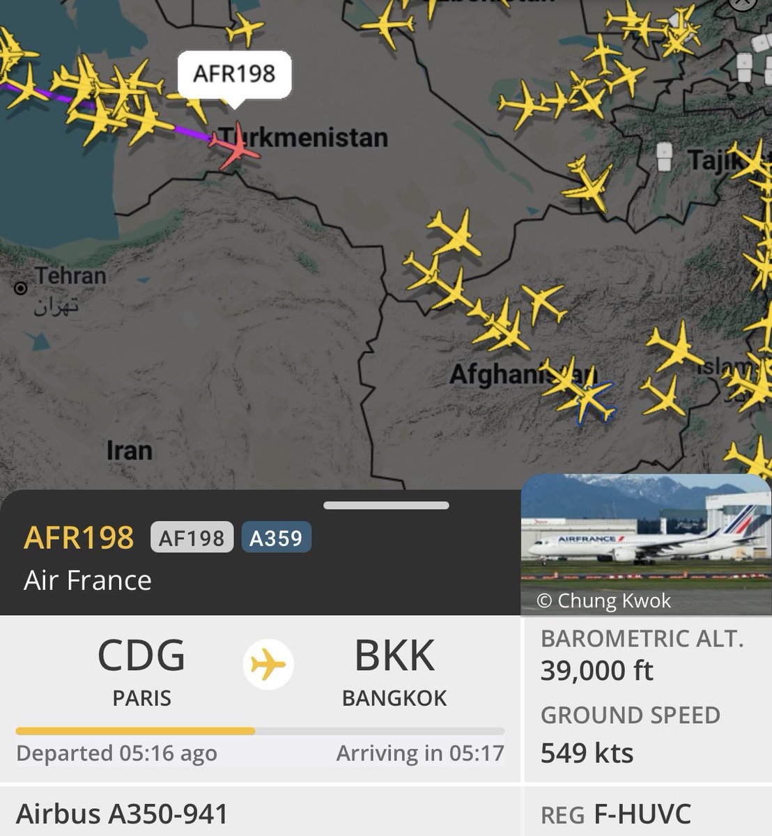 thierryf91's tweet photo. Air France flight #AF198 on the way to Bangkok #BKK is flying above Turkmenistan…in the middle of nowhere!! near the Iranian border…#flighradar24 #live #safeflight #Iran https://t.co/YkzjlpBUWD