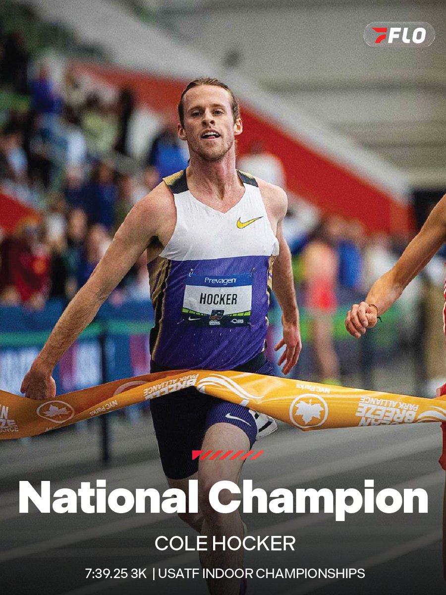 FloTrack's tweet photo. HOCKER THE SHOCKER 😱

He does it again, out-kicking Nico Young and Yared Nuguse to win the 2026 USATF Indoor 3K Title. He goes 7:39.25, and nips Yared and Nico at the line.

Nuguse runs 7:39.28 and Young runs 7:39.29.

Hocker and Nuguse have booked their tickets to represent Team USA at the 2026 World Championships if they choose.

#USATFIndoors
📸 @pacephoto