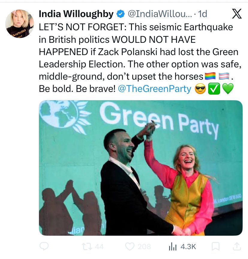 India Willoughby is part of the same tactical voting group Carol Vorderman is in: The Movement Forward/ Forward Democracy/ Swap My Vote/ StopReform.UK Stop the Tories. They told everyone to vote Green. Other members= Femi, Marina Purkiss, Jemma Forte, Supertanskiii