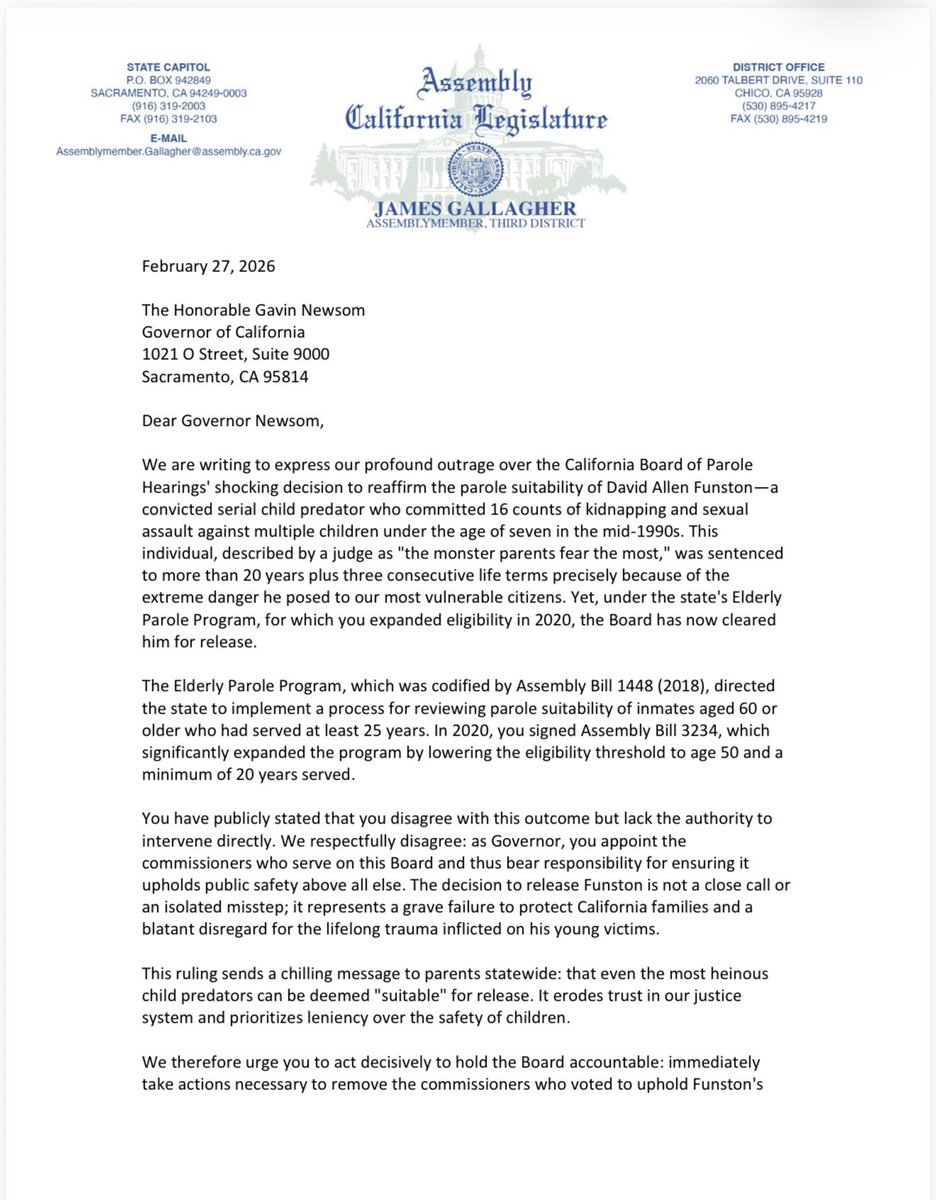 joshua_hoover's tweet photo. Every member of the Board of Parole Hearings that supported the release of child sex predator David Funston must be removed immediately. I just sent a letter with @J_Gallagher4CA demanding Governor Gavin Newsom take action to hold them accountable.

While new charges filed by the Placer County District Attorney's Office stopped Funston from being released back into my community, we have to make sure this pro-criminal Parole Board never has the chance to put people at risk like this again.

At his sentencing the Judge gave Funston three consecutive life terms, describing him as “the monster parents fear the most” and saying “there is no man on the face of this earth who deserves this sentence more.”

As recently as 2025, Funston admitted he was still attracted to female children, discussed his need for an “urge control plan” to avoid “high risk” situations, and stated he had sexual fantasies about his own daughter when she was a child.

👆 THIS IS WHO THE PAROLE BOARD THOUGHT SHOULD BE RELEASED BACK INTO SOCIETY.

The Governor has a responsibility to protect the public and fire every person who thought this was the right decision.