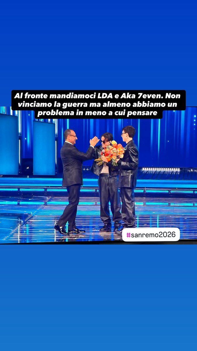 ilgioker's tweet photo. Al fronte mandiamoci LDA e aka 7even. Non vinciamo la guerra ma almeno abbiamo un problema in meno a cui pensare #sanremo2026 https://t.co/d1FmupBPJB