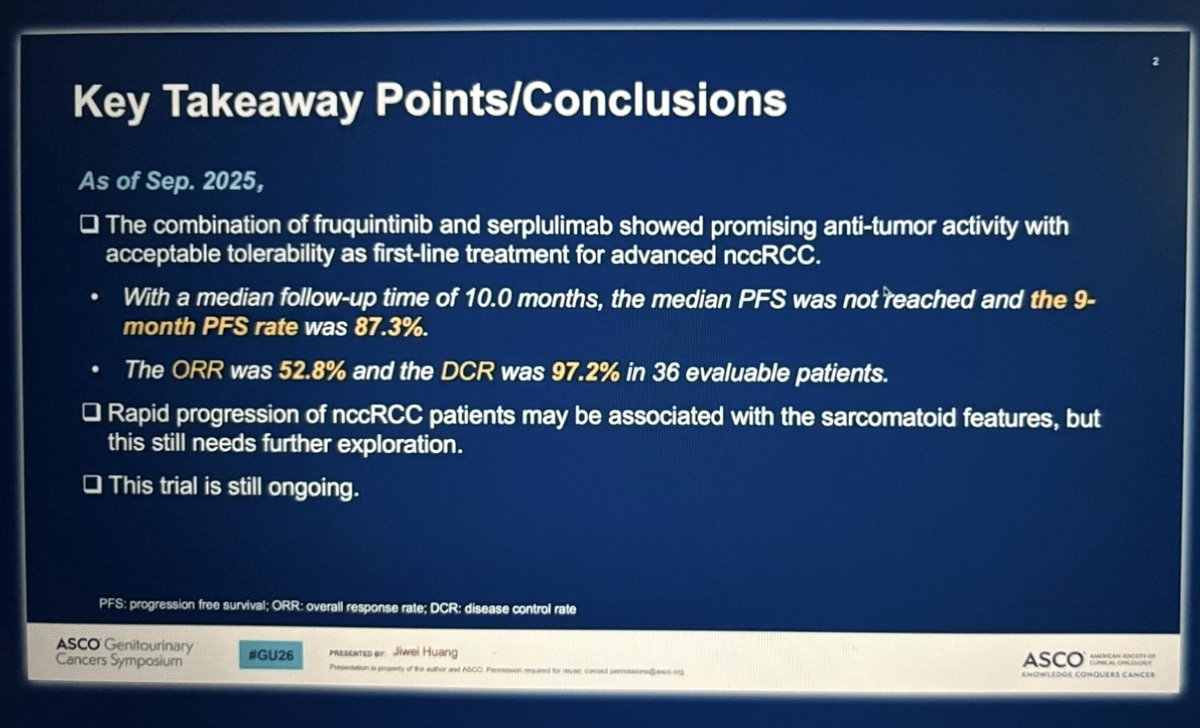 jgong15's tweet image. Dr. Huang @sjtu1896 single-arm PhII trial of #1L fruquintinib + serplulimab (anti-PD1) in adv #nccRCC ➡️ median PFS NR, 9-mo PFS rate 87.3%, ORR 52.8%, AE profile consistent with respective agent safety profiles 

@OncoAlert #GU26
