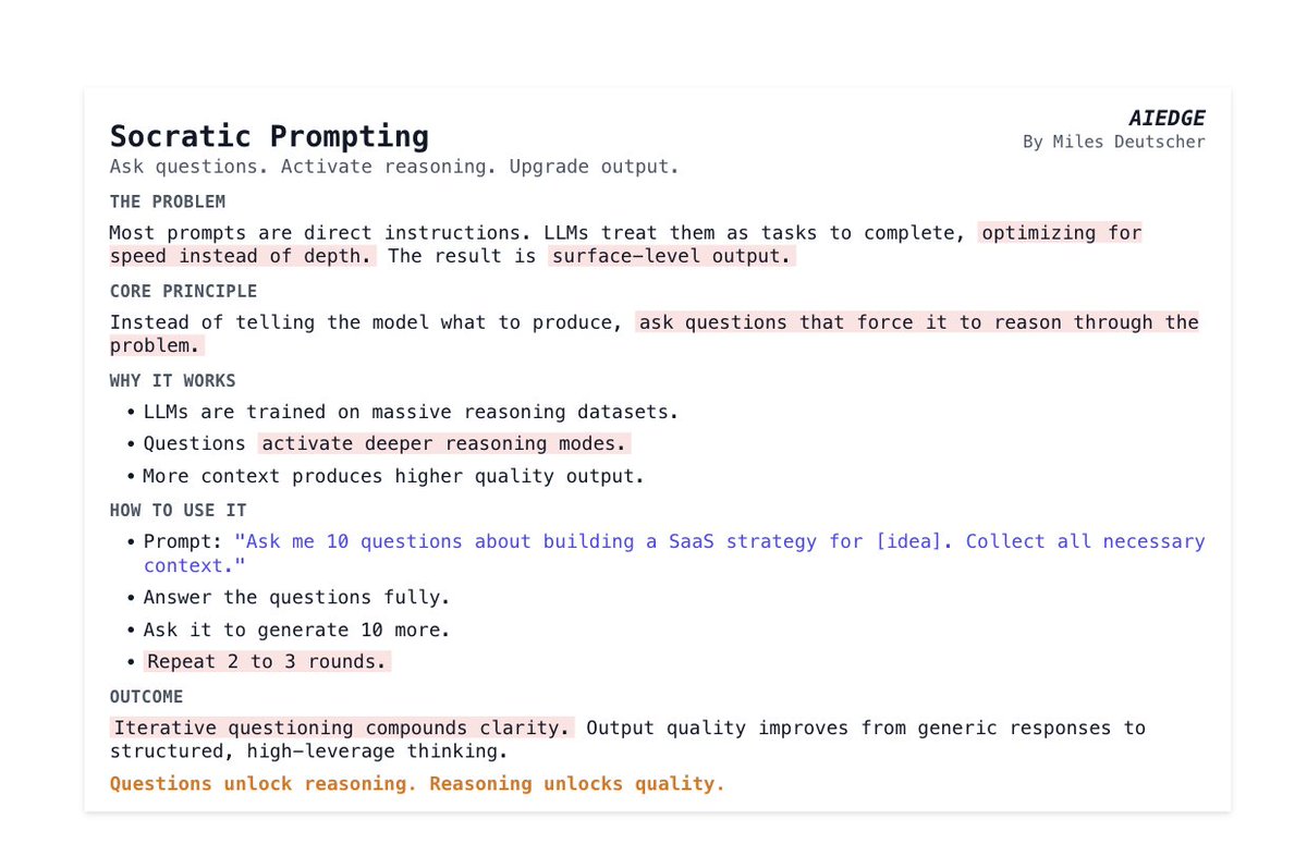 OpenAI and Anthropic engineers leaked the prompting technique that only power users know about.

It's called "Socratic prompting," and it's insanely simple.

I've been testing it over the past few weeks, and my output quality went from 3/10 → 9.5/10.

Here's how it works: